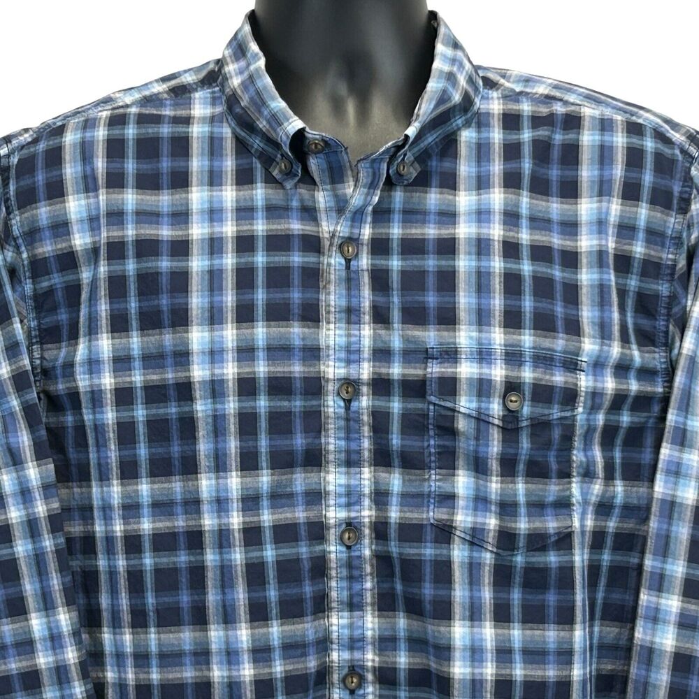 Lucky Brand Plaid Button Front Shirt Blue Long Sleeve Pocket Mens L Large